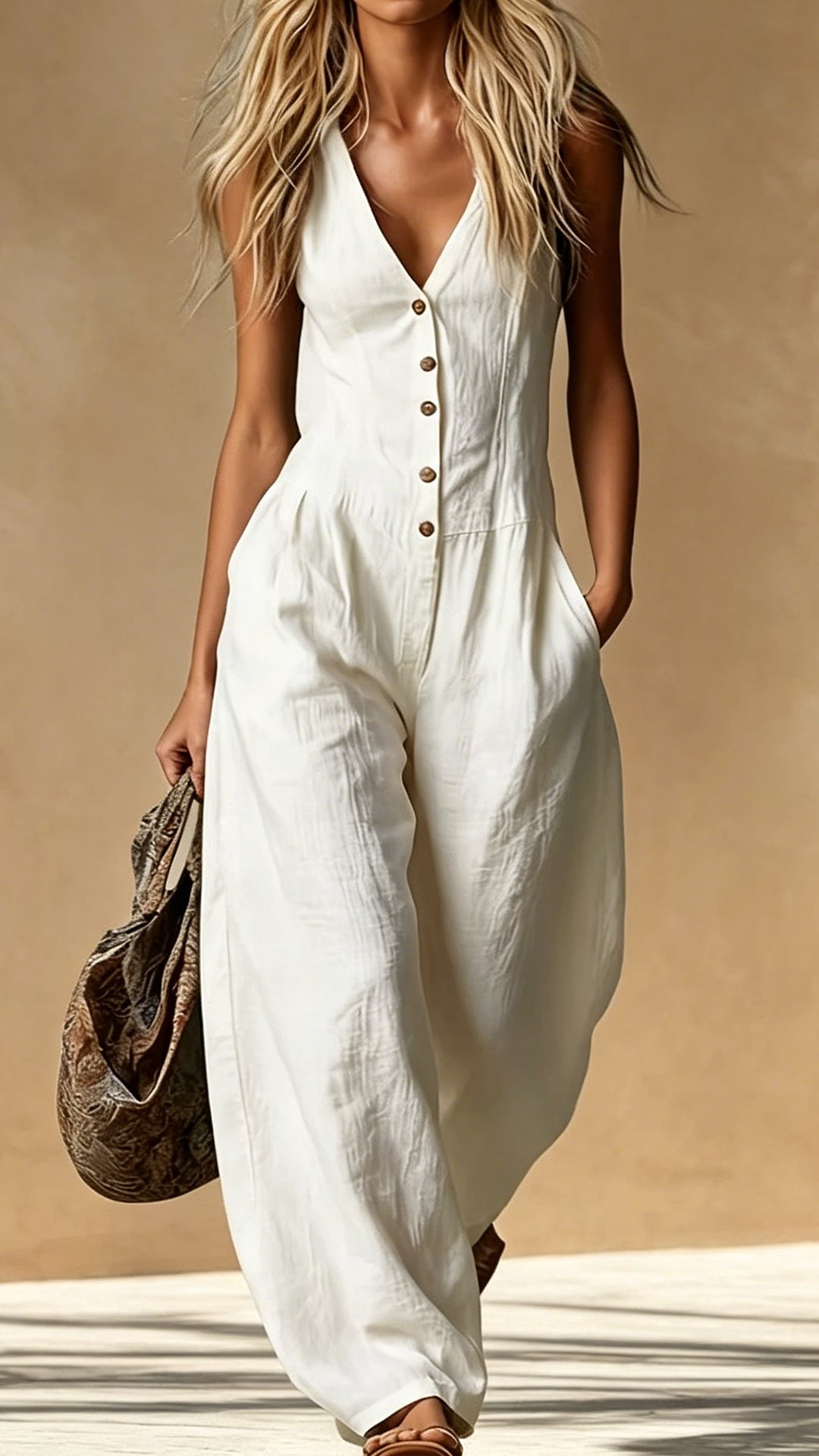Women’s Cotton-Blend V-Neck Sleeveless Wide-Leg Jumpsuit