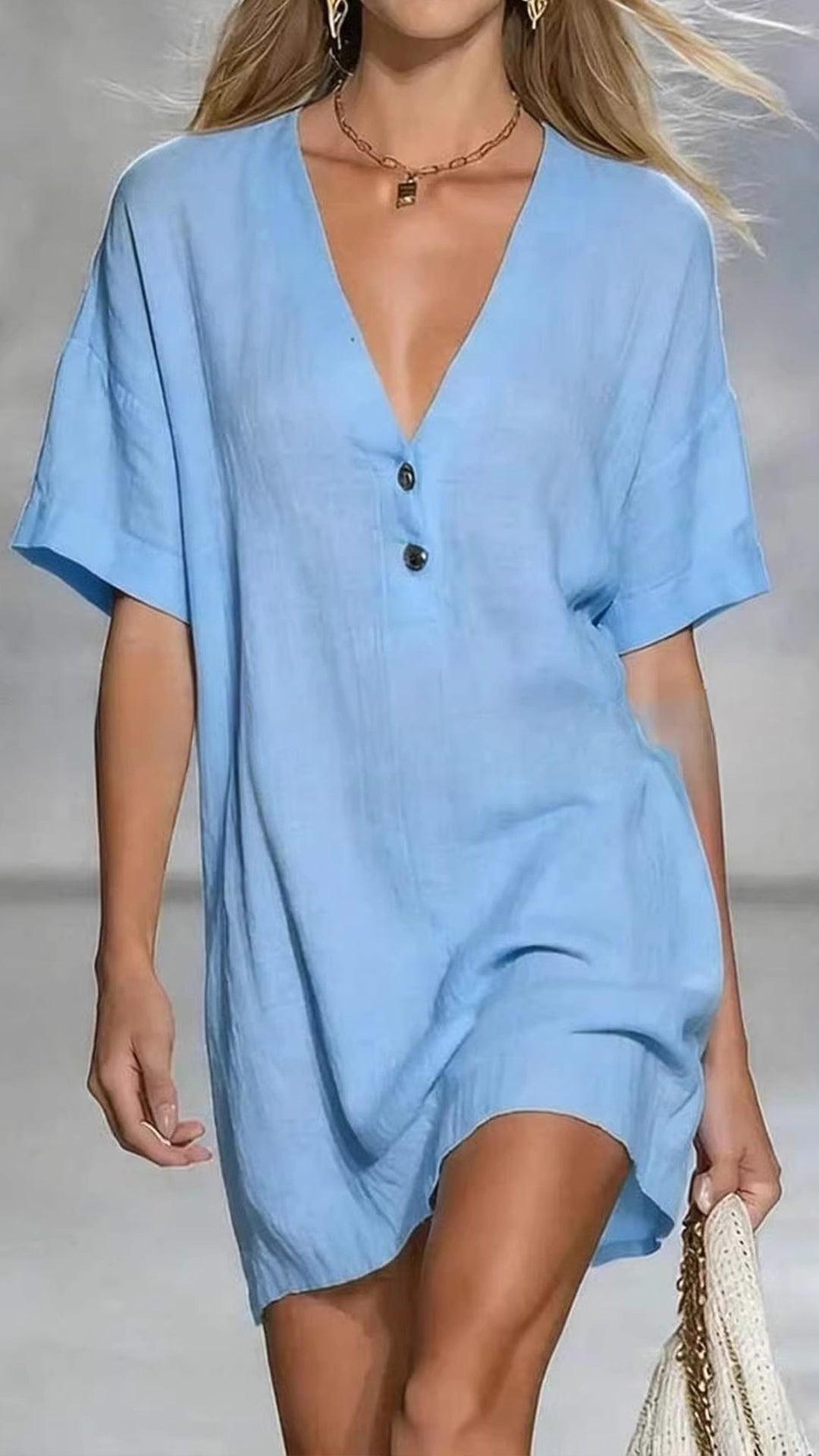 Women’s Linen-Cotton V-Neck Loose Shift Dress