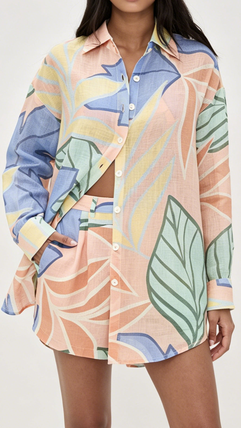 Women’s Cotton-Blend Tropical Print Shirt & Shorts Set