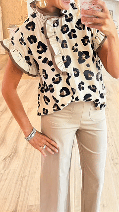 Women’s  Leopard Patchwork Ruffled Edge Loose Short Sleeve Shirt