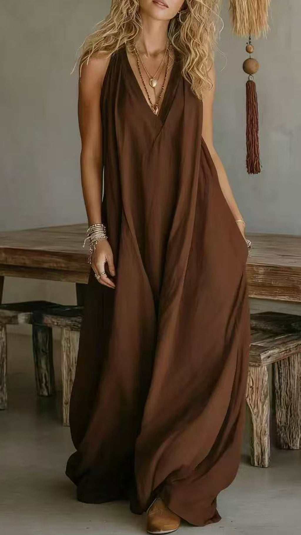 Women’s Halter V-Neck Linen-Blend Maxi Dress