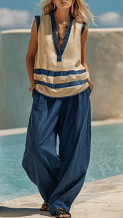 Women’s  Color-Block Stripe Cotton-Blend Two-Piece Set