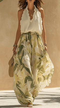 🔥Women’s Cotton-Blend Halter Ruffled Floral Wide-Leg Pants Set
