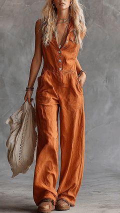 Women’s Solid Color Shirt Collar Sleeveless Casual Loose Cotton And Linen Wide-leg Jumpsuit