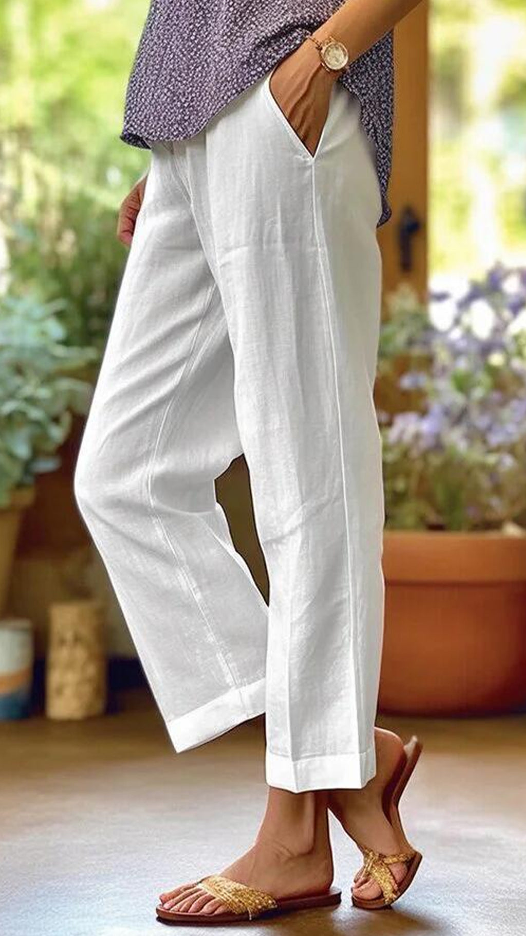 Women’s Cotton-linen Solid Color Elastic Waist Pockets Straight Leg Loose-fit Casual Trousers