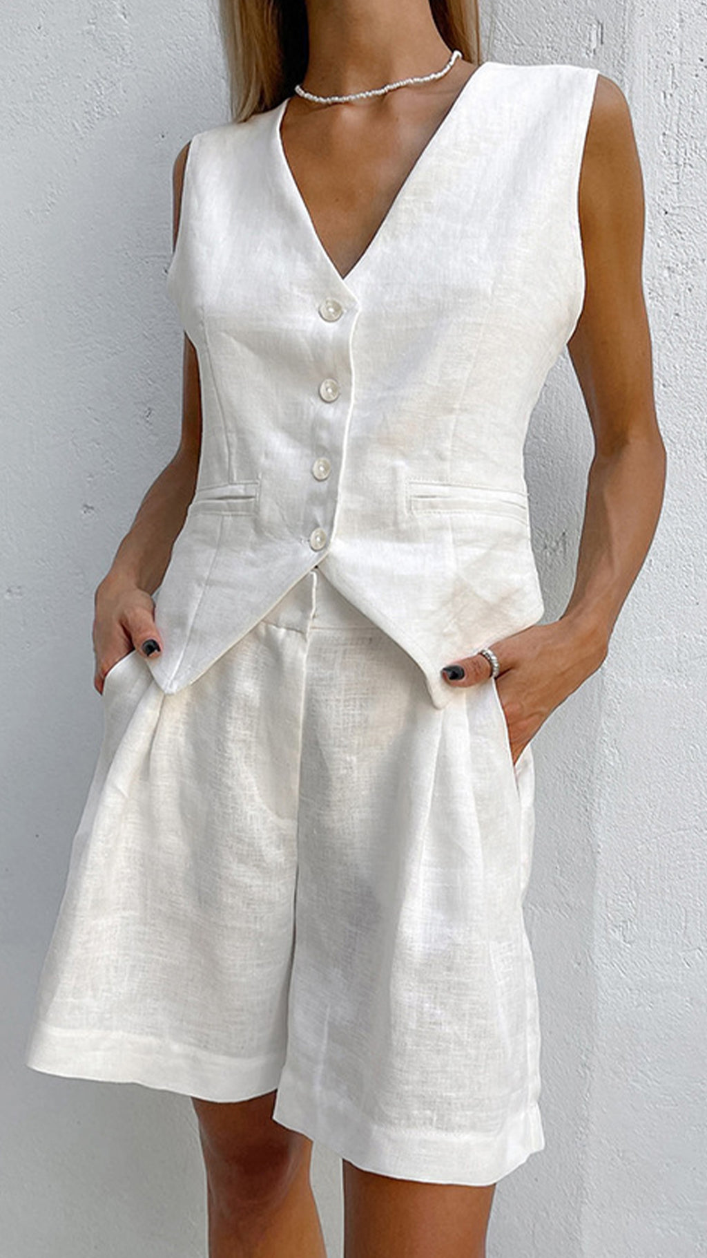 Women’s Cotton-Linen Blend V-Neck Waistcoat & High-Waisted Shorts Set