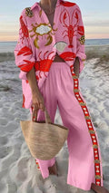 Women’s Cotton-Blend Ocean Print Shirt & Wide-Leg Pants Set