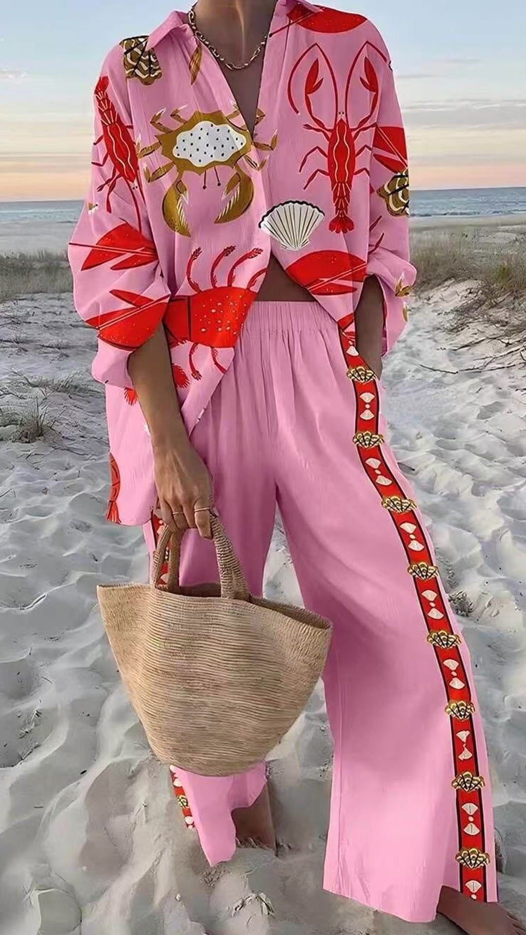 Women’s Cotton-Blend Ocean Print Shirt & Wide-Leg Pants Set