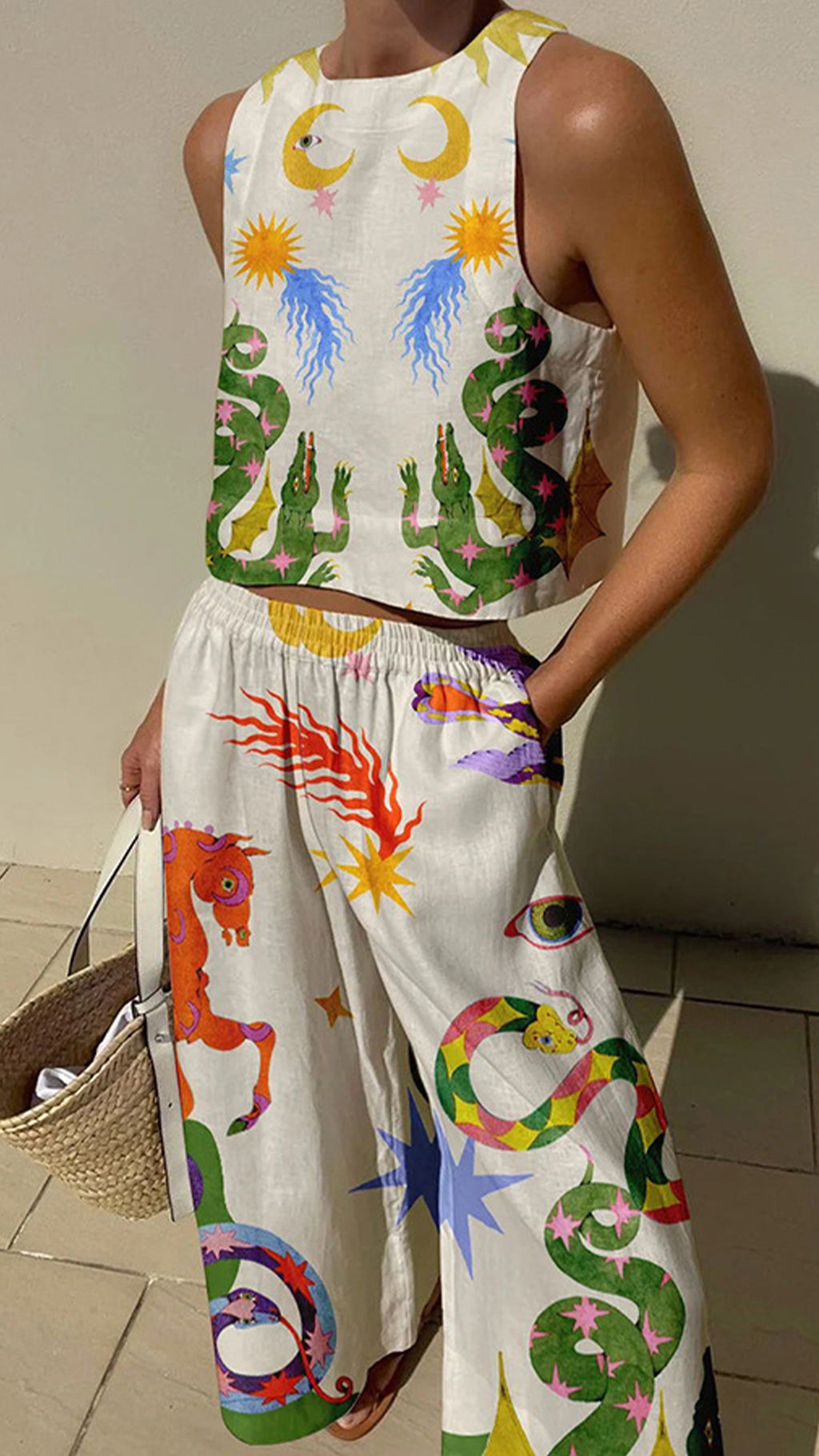Women’s Linen-Cotton Blend Whimsical Print Tank Top & Wide-Leg Pants Set