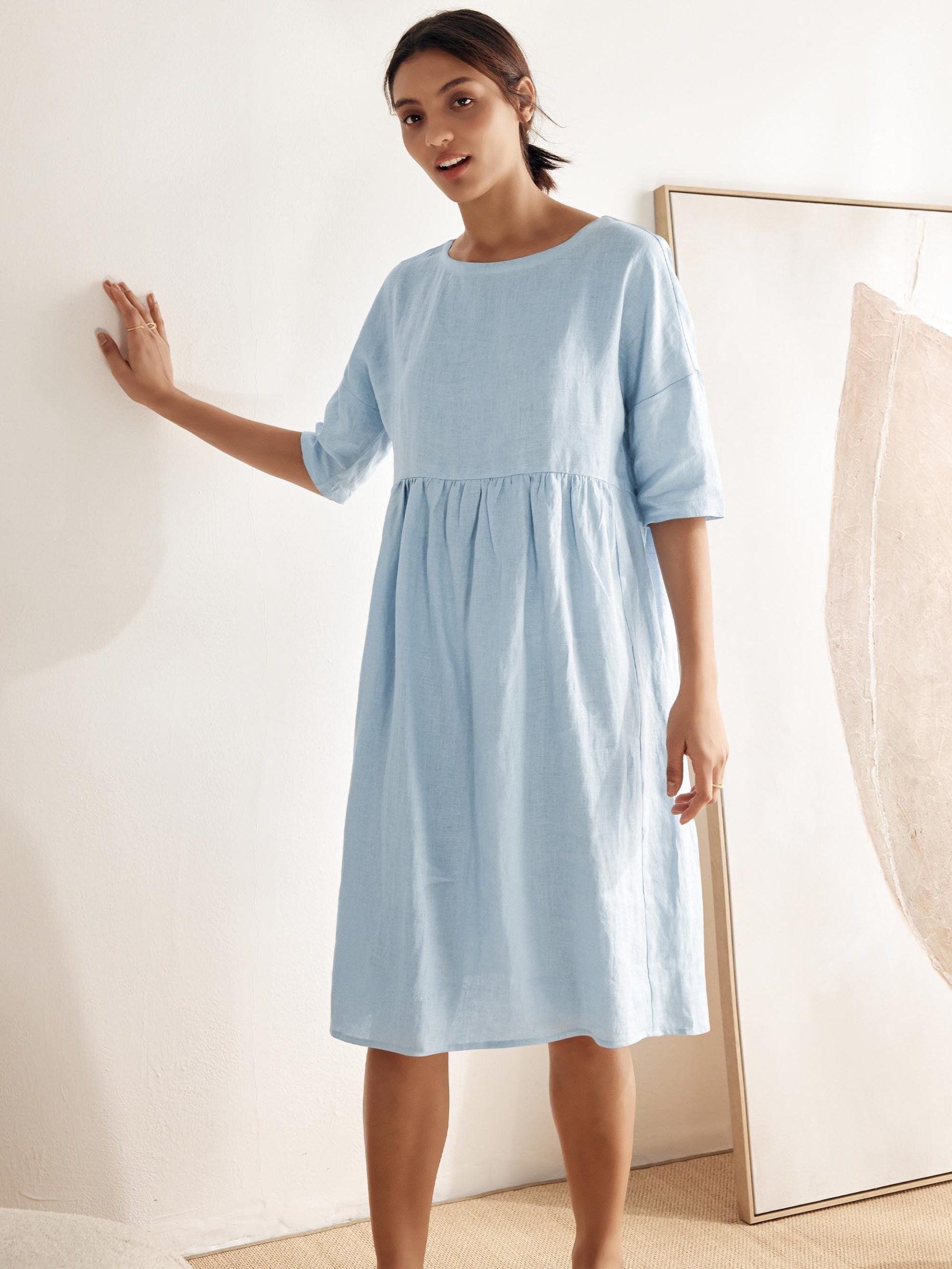 Women’s Cotton-Linen Casual Short-Sleeve Dress Loose Fit, Round Neck, Pockets, and Pleated Details