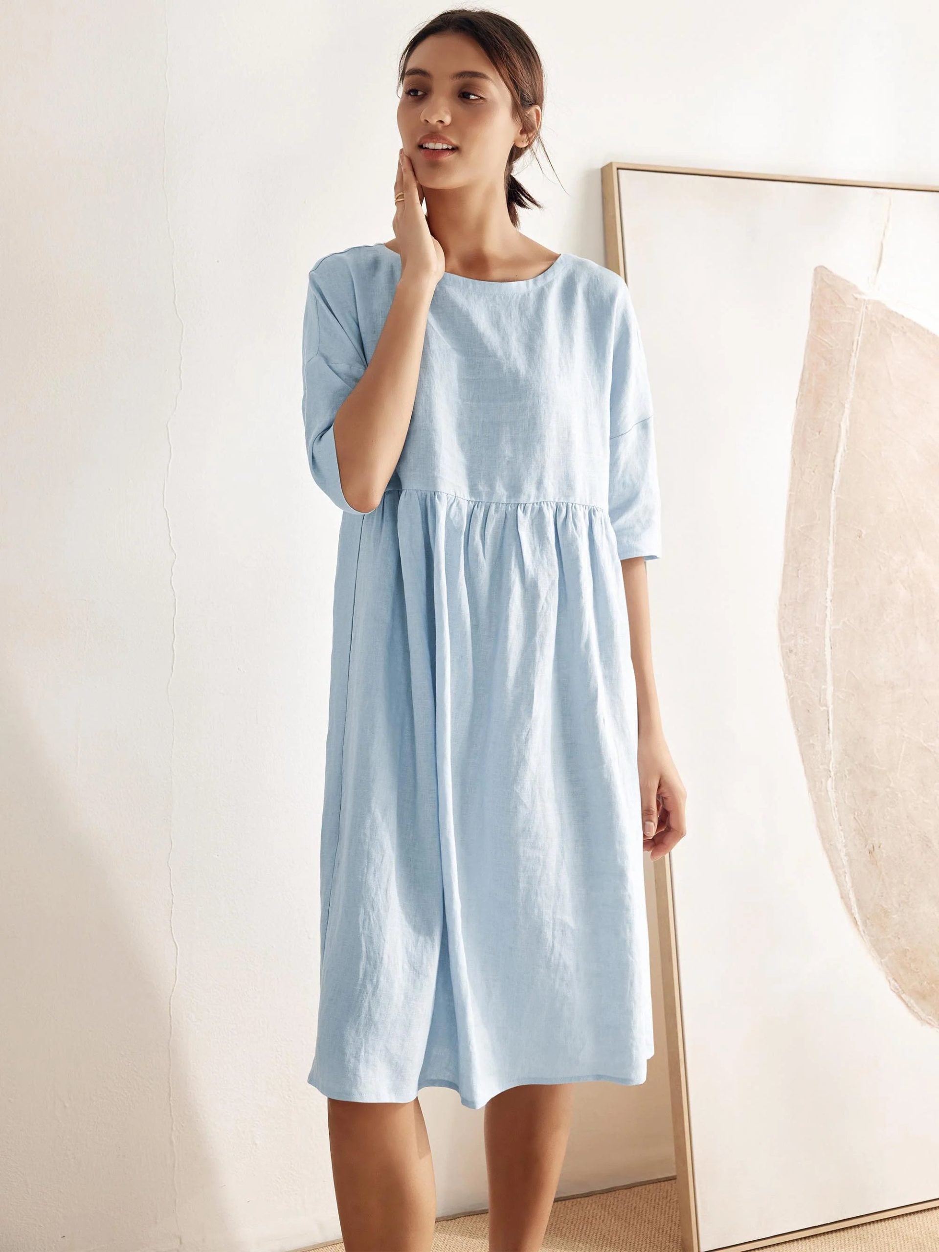Women’s Cotton-Linen Casual Short-Sleeve Dress Loose Fit, Round Neck, Pockets, and Pleated Details