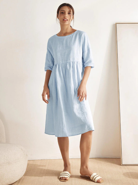 Women’s Cotton-Linen Casual Short-Sleeve Dress Loose Fit, Round Neck, Pockets, and Pleated Details