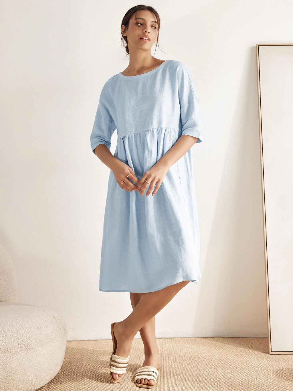 Women’s Cotton-Linen Casual Short-Sleeve Dress Loose Fit, Round Neck, Pockets, and Pleated Details