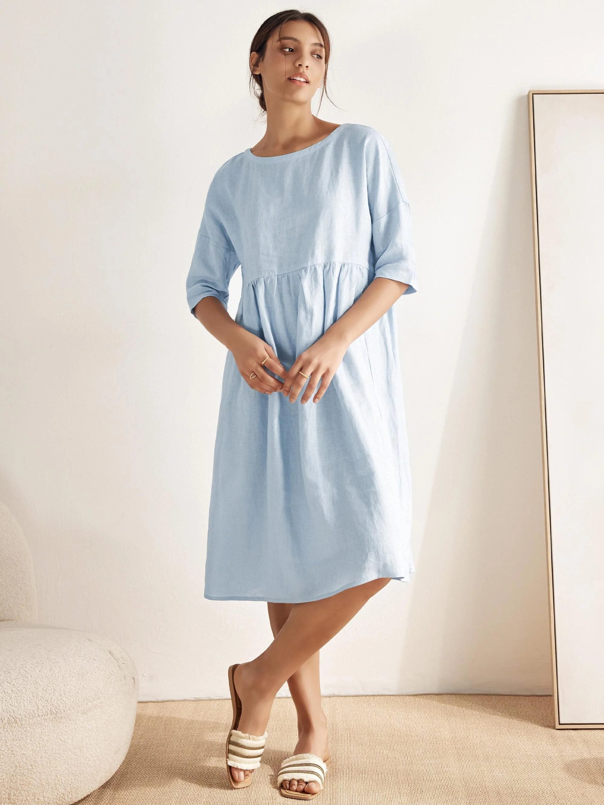 Women’s Cotton-Linen Casual Short-Sleeve Dress Loose Fit, Round Neck, Pockets, and Pleated Details