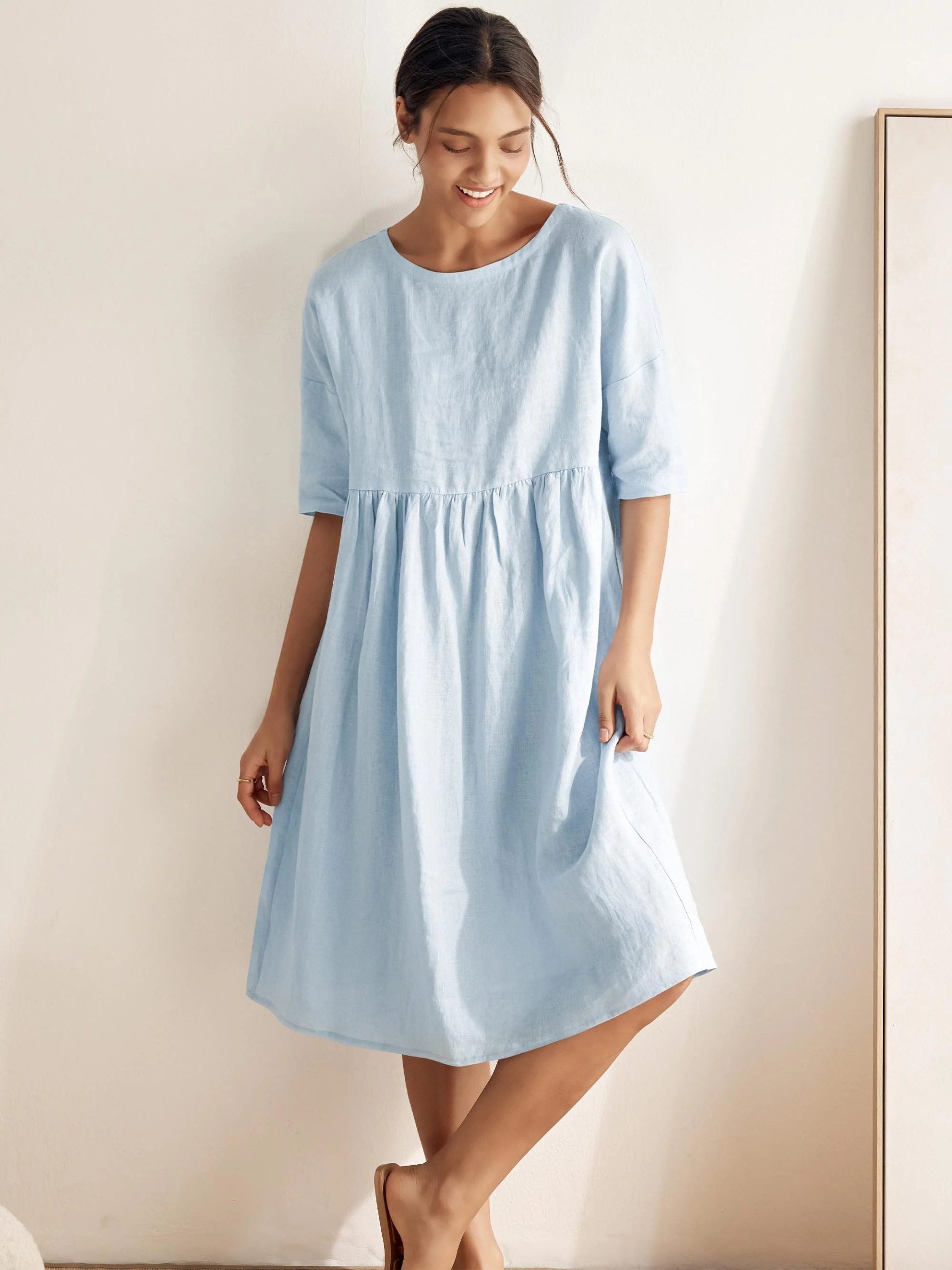 Women’s Cotton-Linen Casual Short-Sleeve Dress Loose Fit, Round Neck, Pockets, and Pleated Details