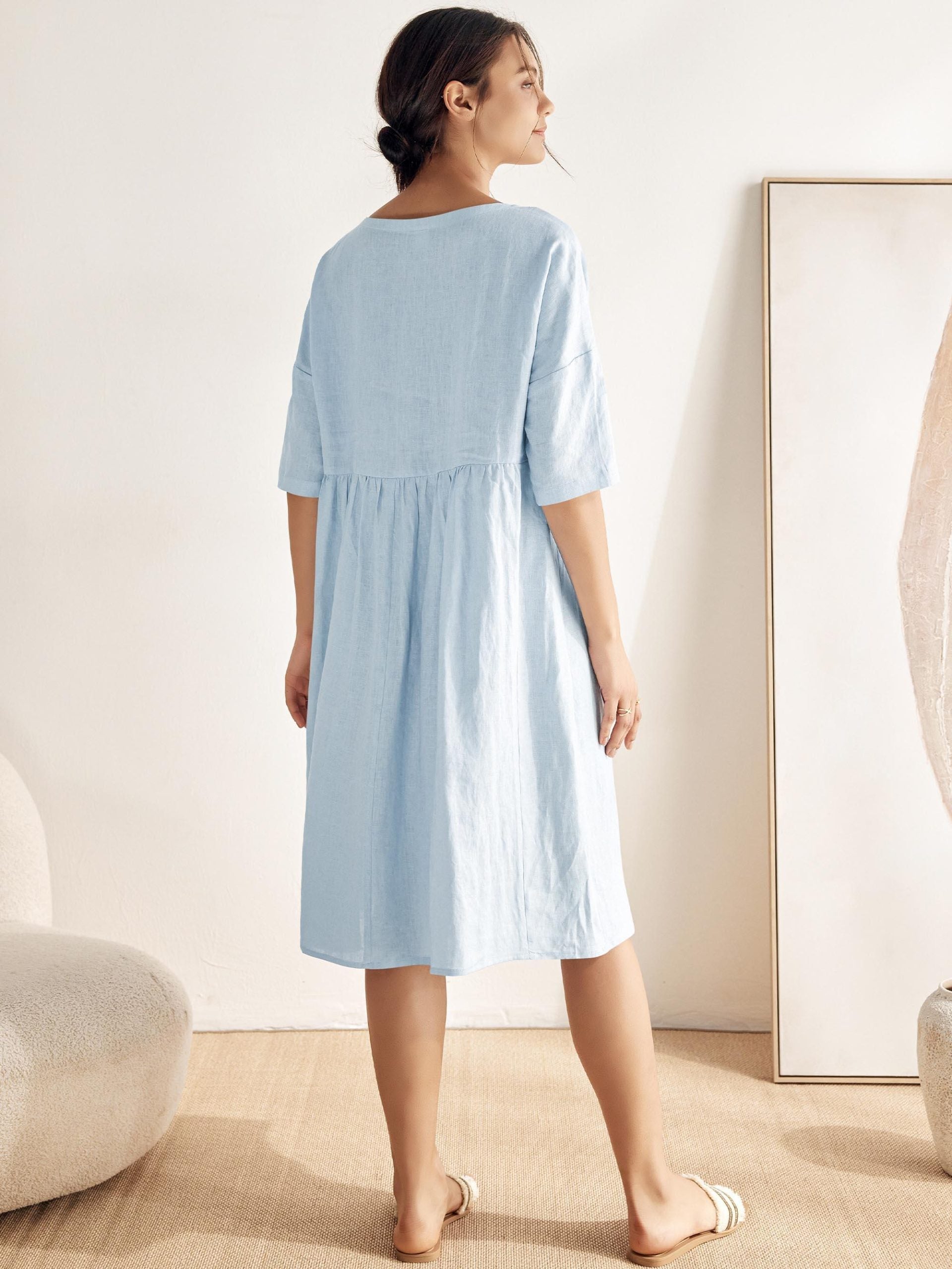 Women’s Cotton-Linen Casual Short-Sleeve Dress Loose Fit, Round Neck, Pockets, and Pleated Details