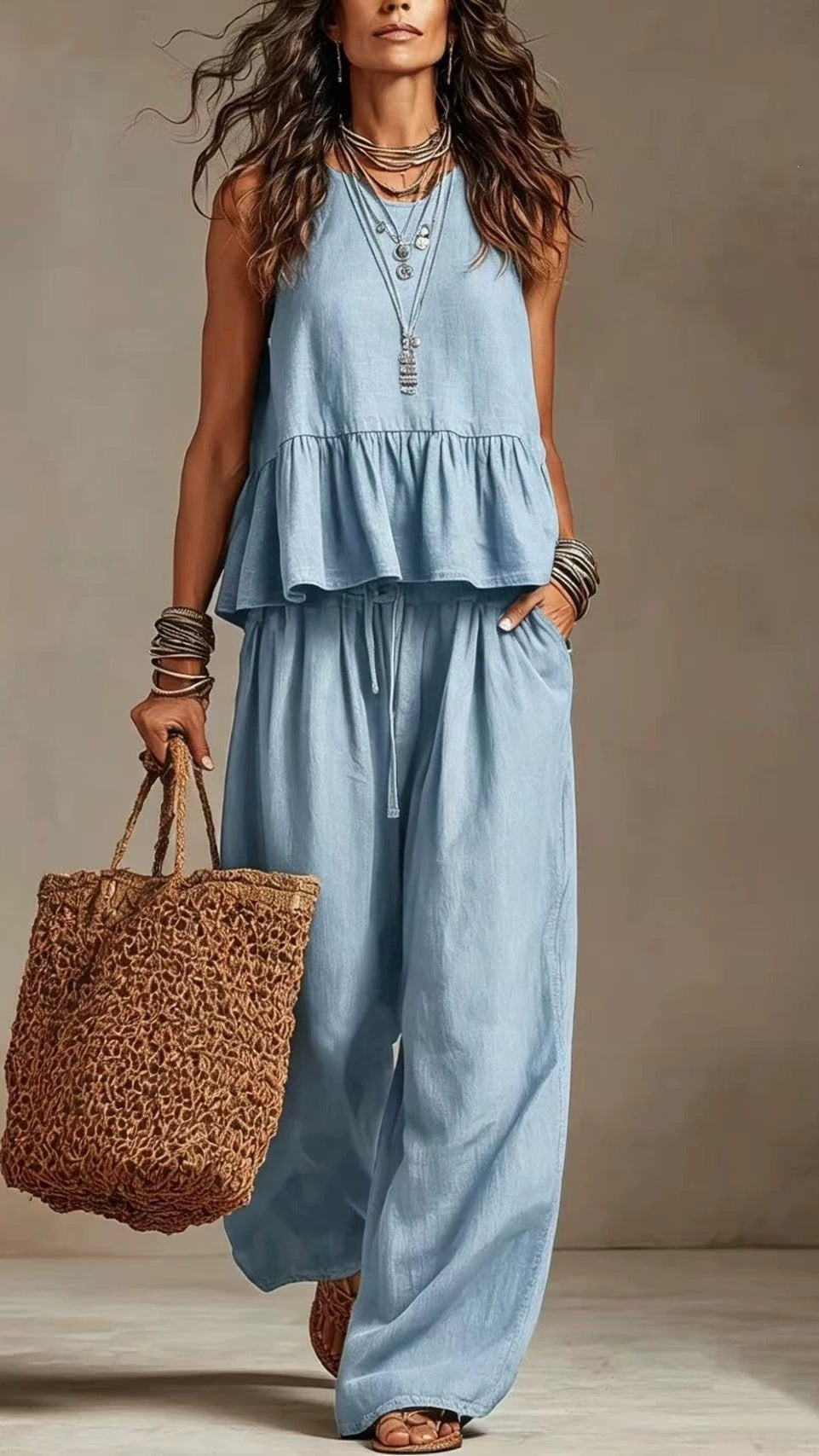 Women’s Cotton-Linen Two-Piece Set: Ruffled Sleeveless Top & Wide-Leg Pants