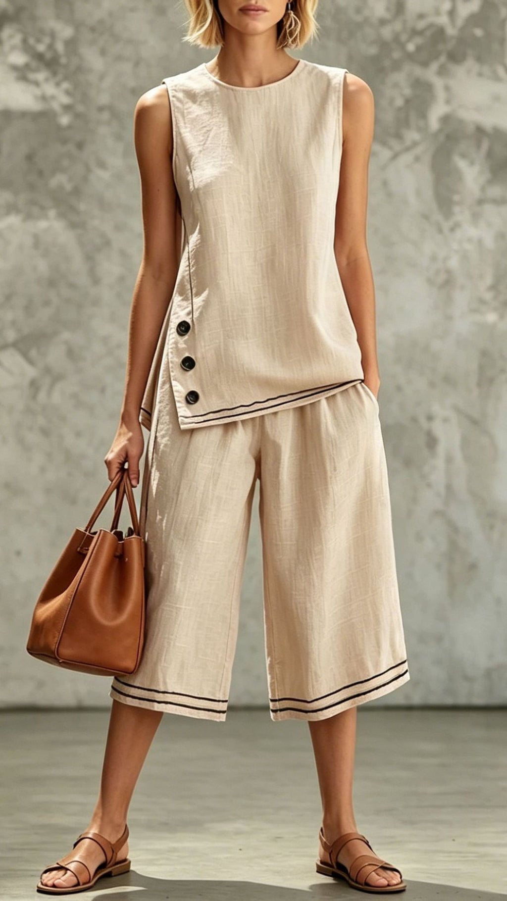 Women’s Sleeveless Side-Slit Vest & Wide-Leg Cropped Pants — Cotton-Linen Two-Piece Set