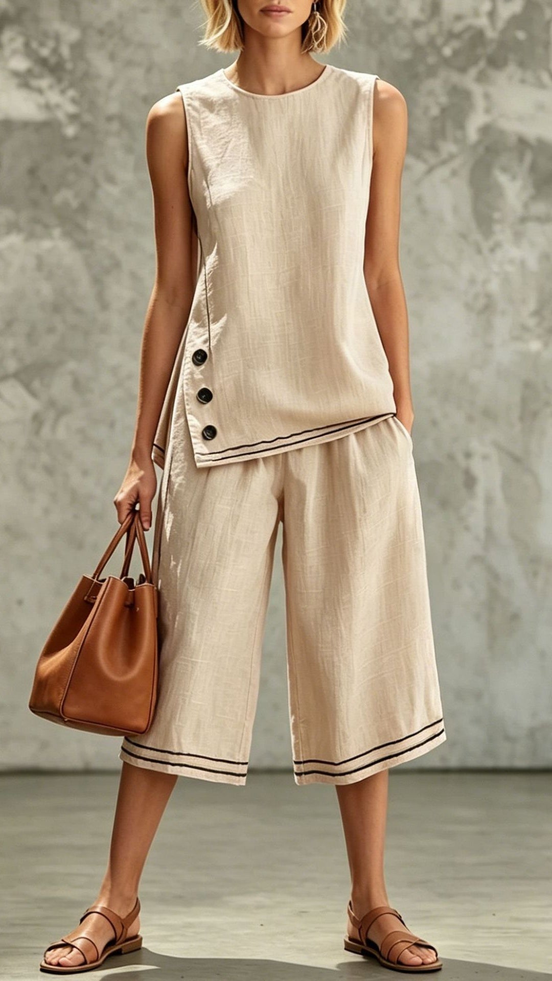 Women’s Sleeveless Side-Slit Vest & Wide-Leg Cropped Pants — Cotton-Linen Two-Piece Set