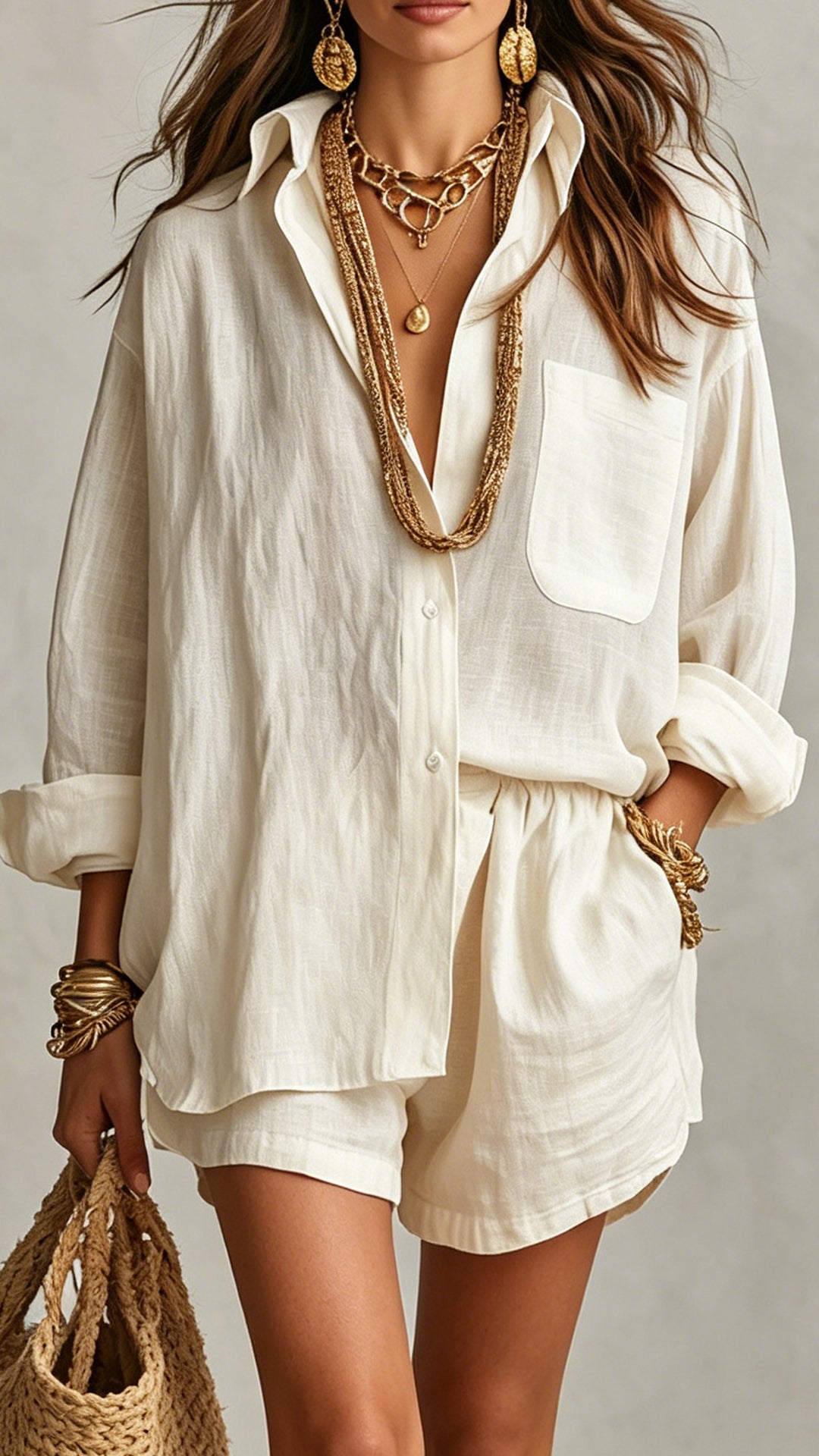 Women’s Cotton-Blend Textured Shirt & Shorts Set