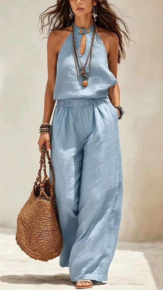 Women’s Stylish Cotton-Linen Sleeveless Halter Jumpsuit