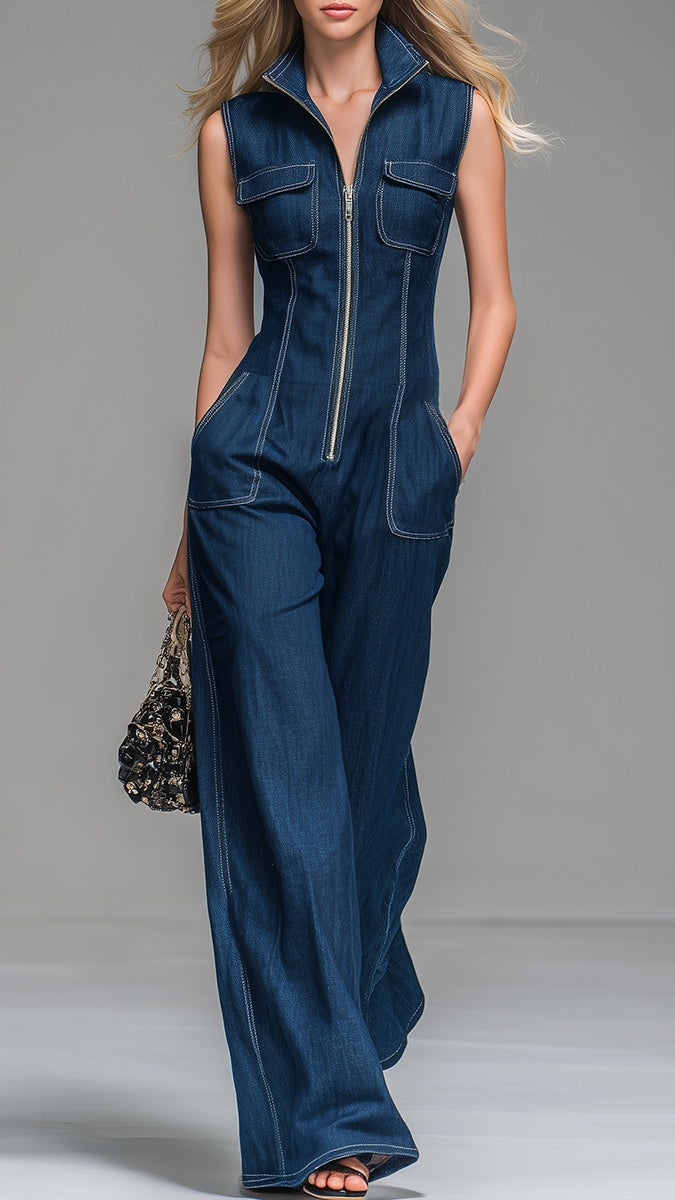 Women’s Faux-Denim Retro Stand-Collar Sleeveless Zip-Front Jumpsuit