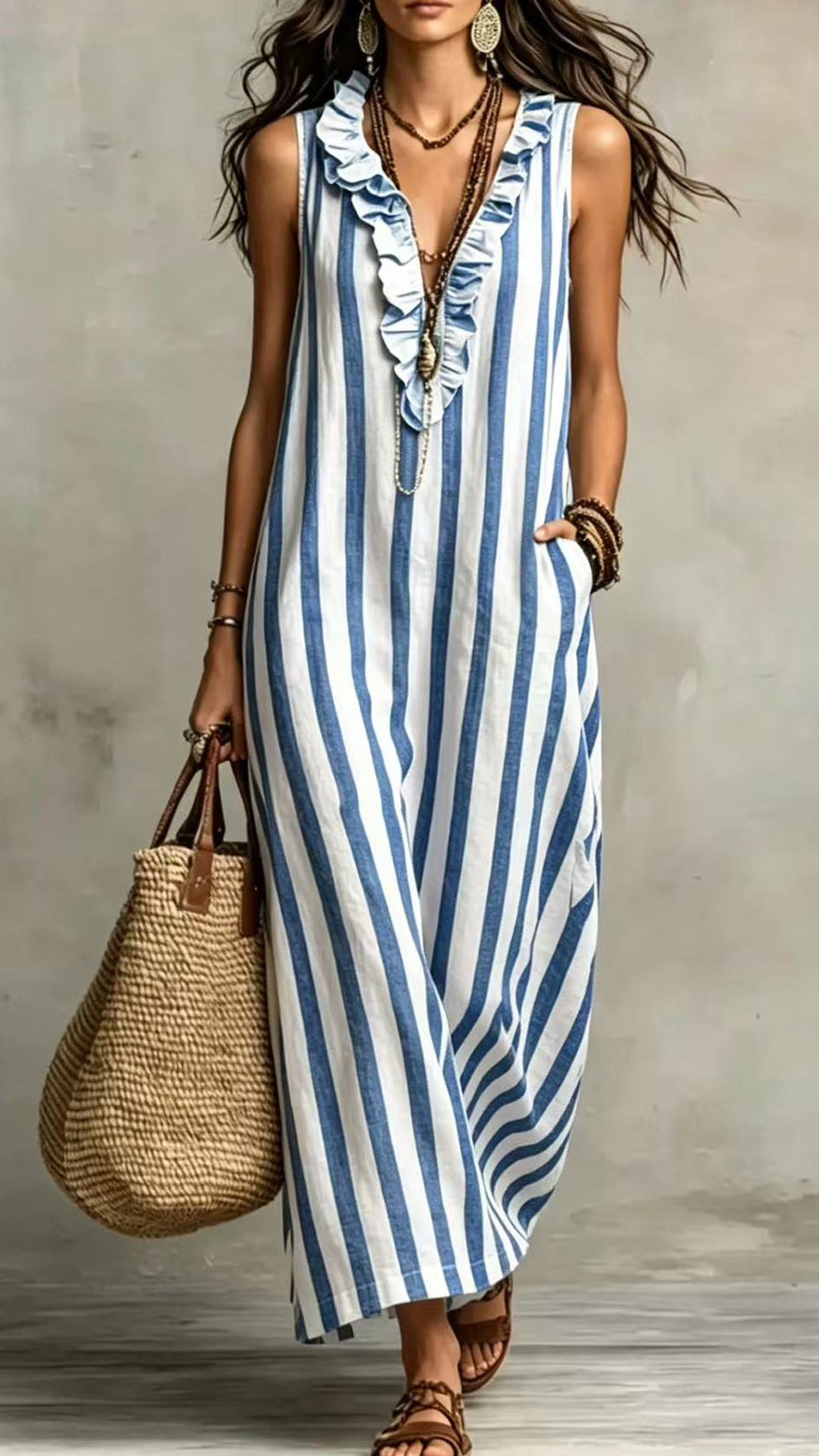 Women’s Cotton-Blend Striped Sleeveless Maxi Dress