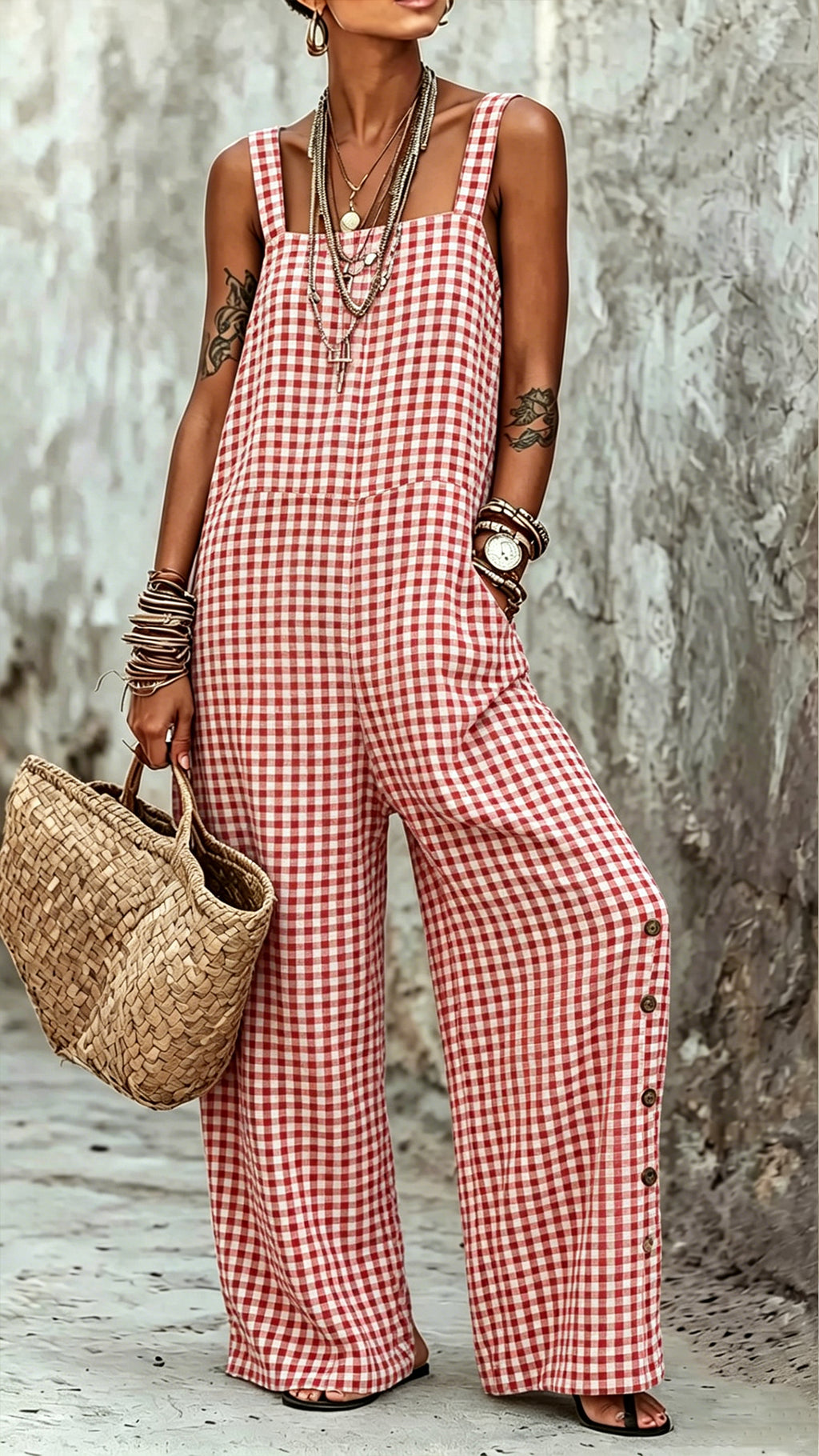 Women’s Cotton-Blend Gingham Sleeveless Wide-Leg Jumpsuit
