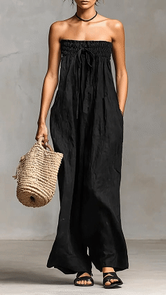 Women’s Solid Color Strapless Casual Loose Cotton And Linen Jumpsuit