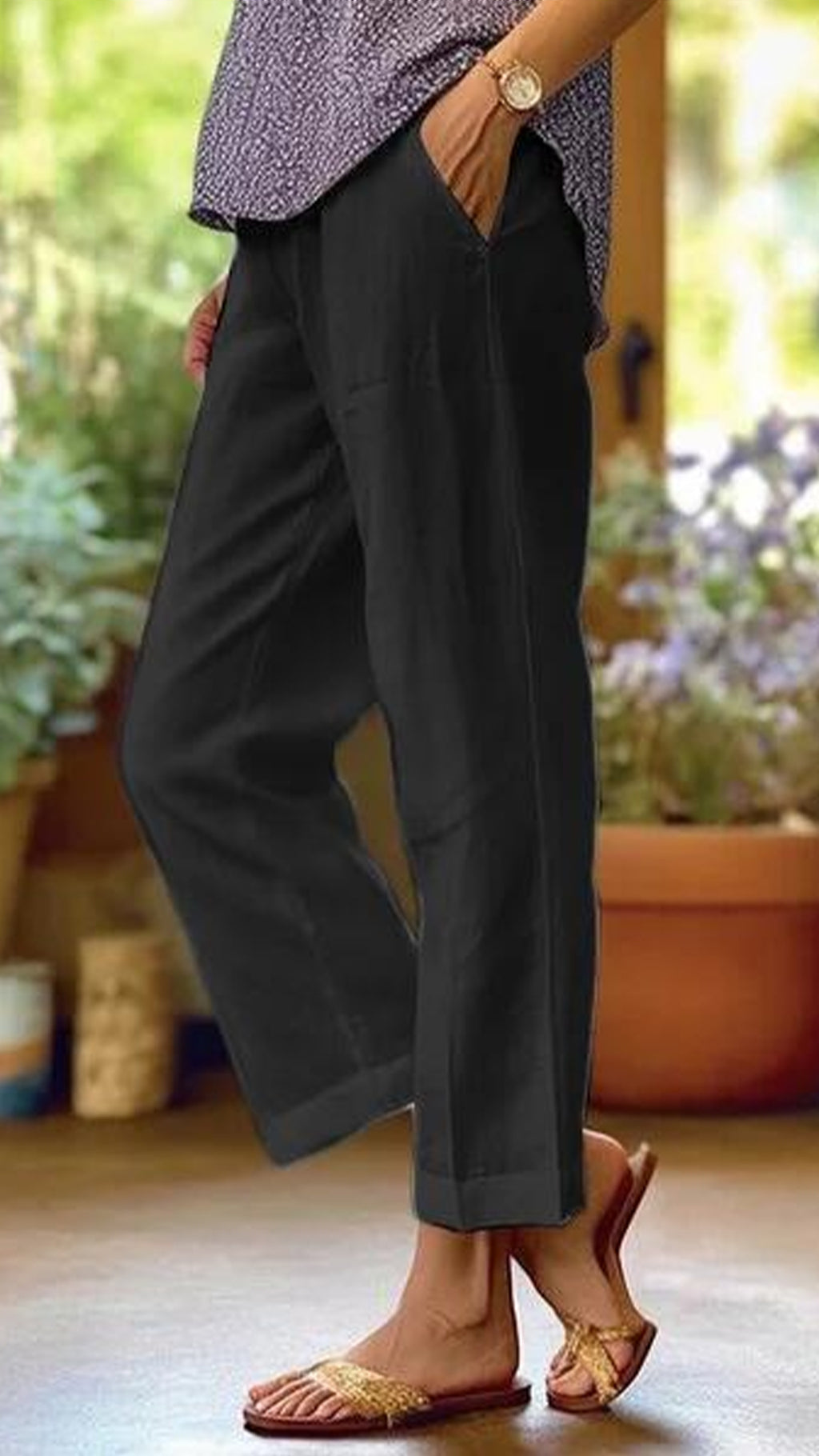 Women’s Cotton-linen Solid Color Elastic Waist Pockets Straight Leg Loose-fit Casual Trousers