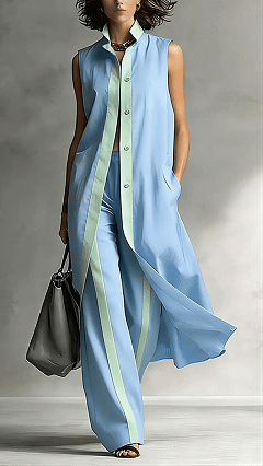 Women’s Color-Blocked Sleeveless Long Shirt & Wide-Leg Pants Set