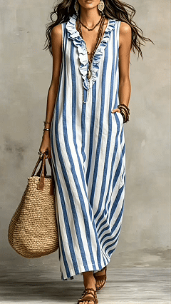 Women’s Cotton-Blend Striped Sleeveless Maxi Dress