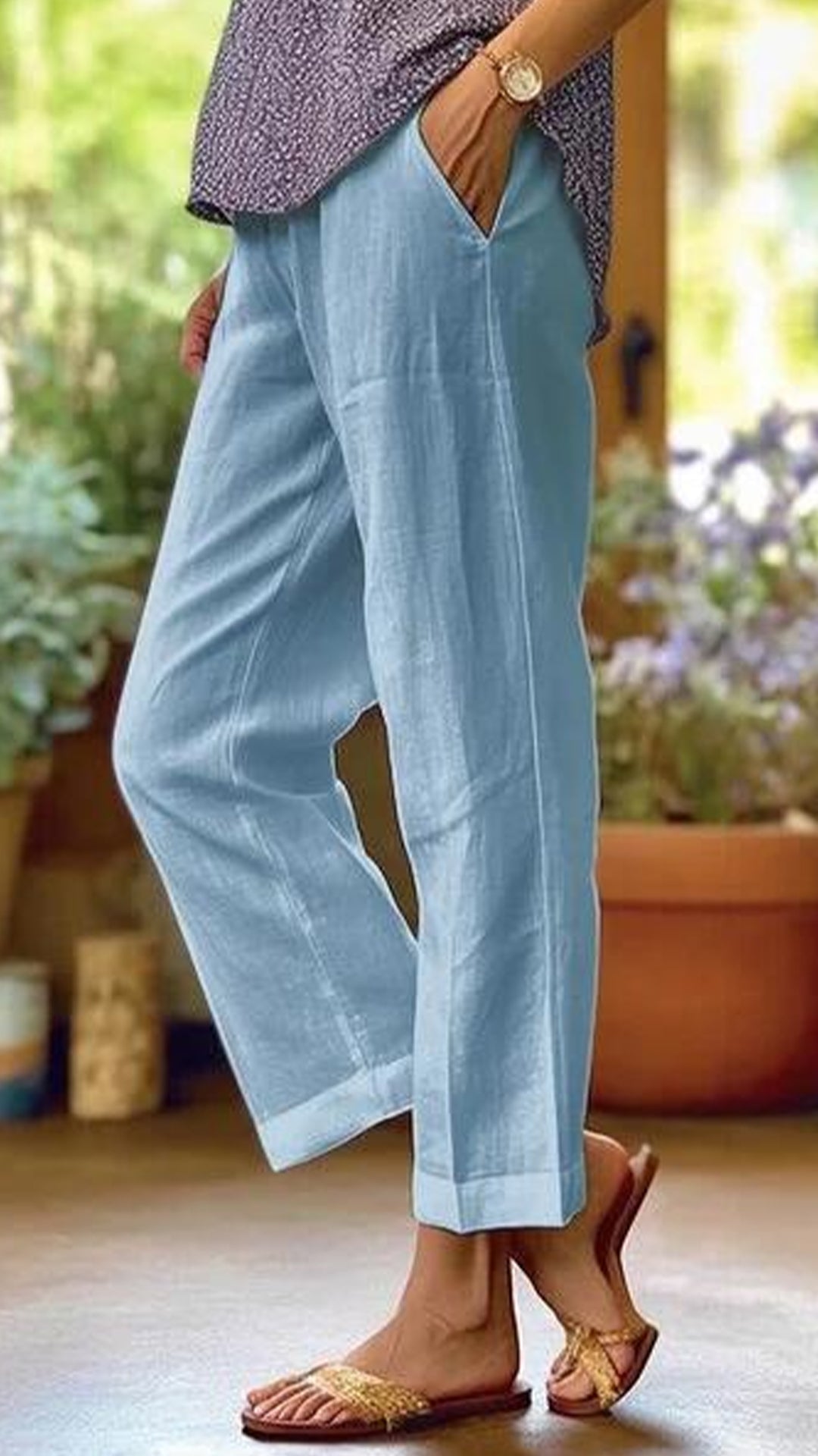 Women’s Cotton-linen Solid Color Elastic Waist Pockets Straight Leg Loose-fit Casual Trousers