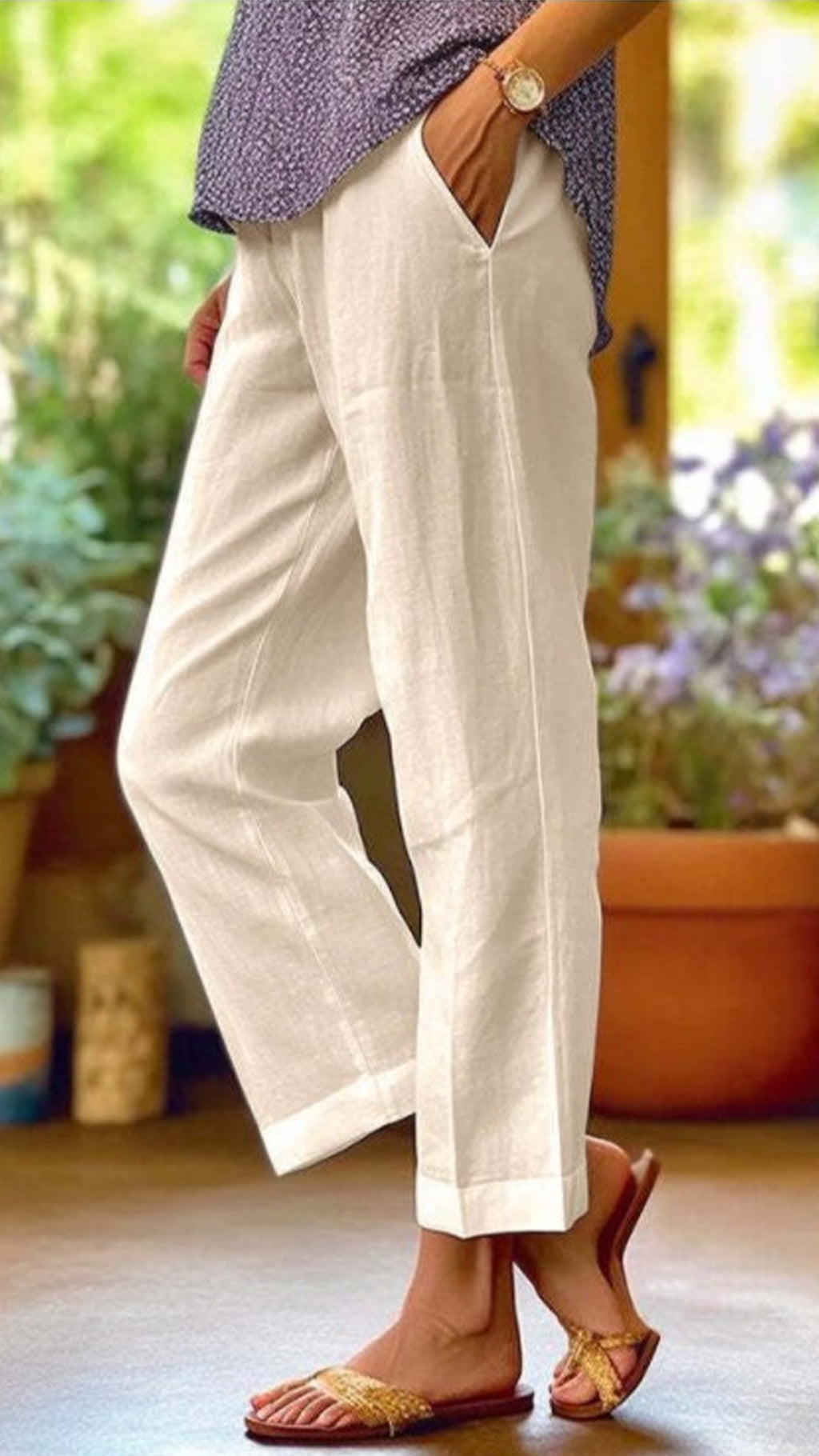 Women’s Cotton-linen Solid Color Elastic Waist Pockets Straight Leg Loose-fit Casual Trousers
