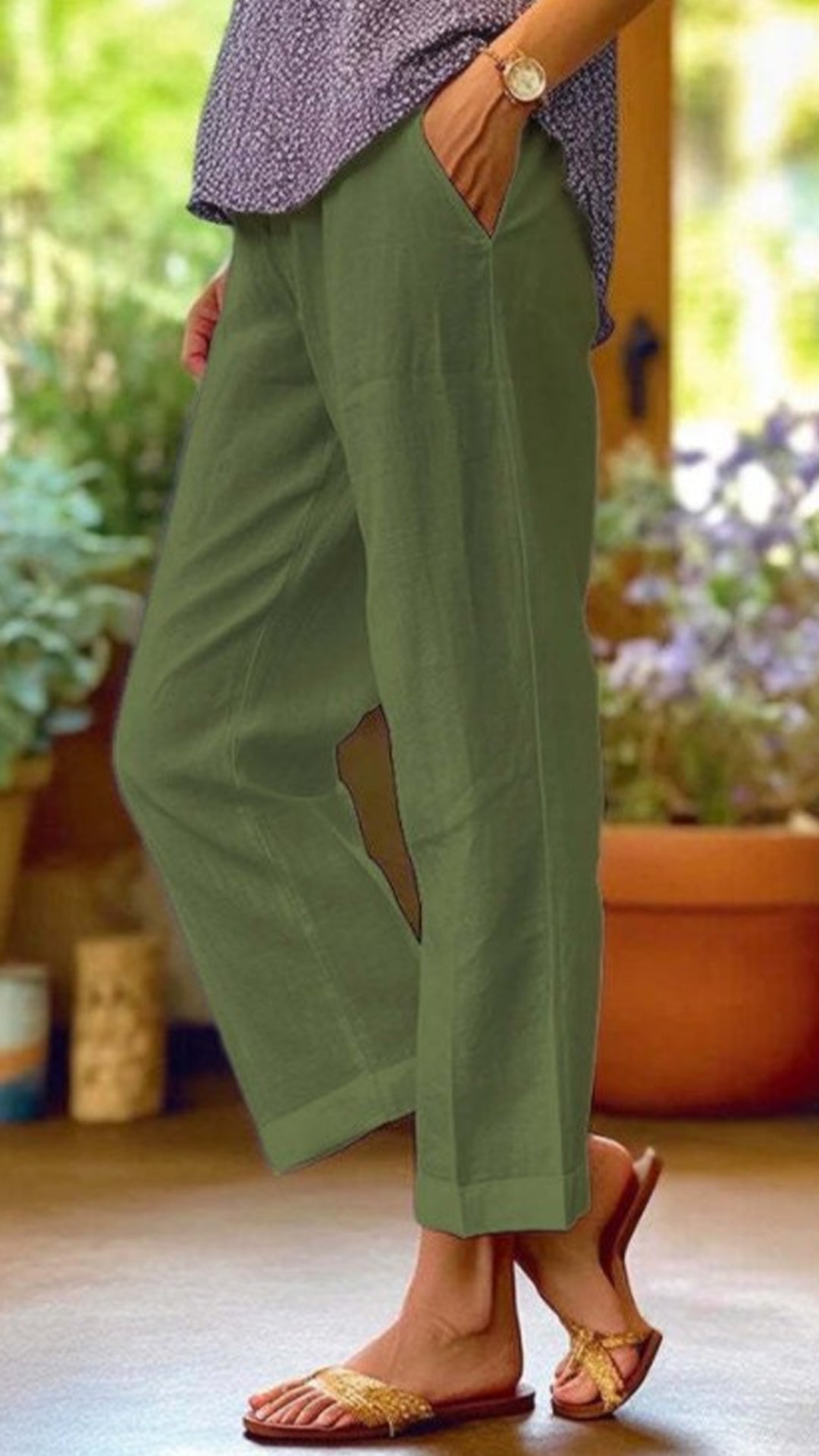 Women’s Cotton-linen Solid Color Elastic Waist Pockets Straight Leg Loose-fit Casual Trousers