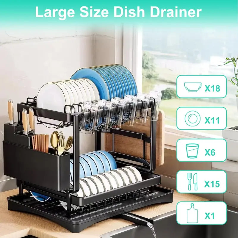 Double-Layer Kitchen Countertop Drain Rack, Metal Material, with Drain Board, Can Hold Tableware, Carbon Steel Material, Kitchen Storage Rack