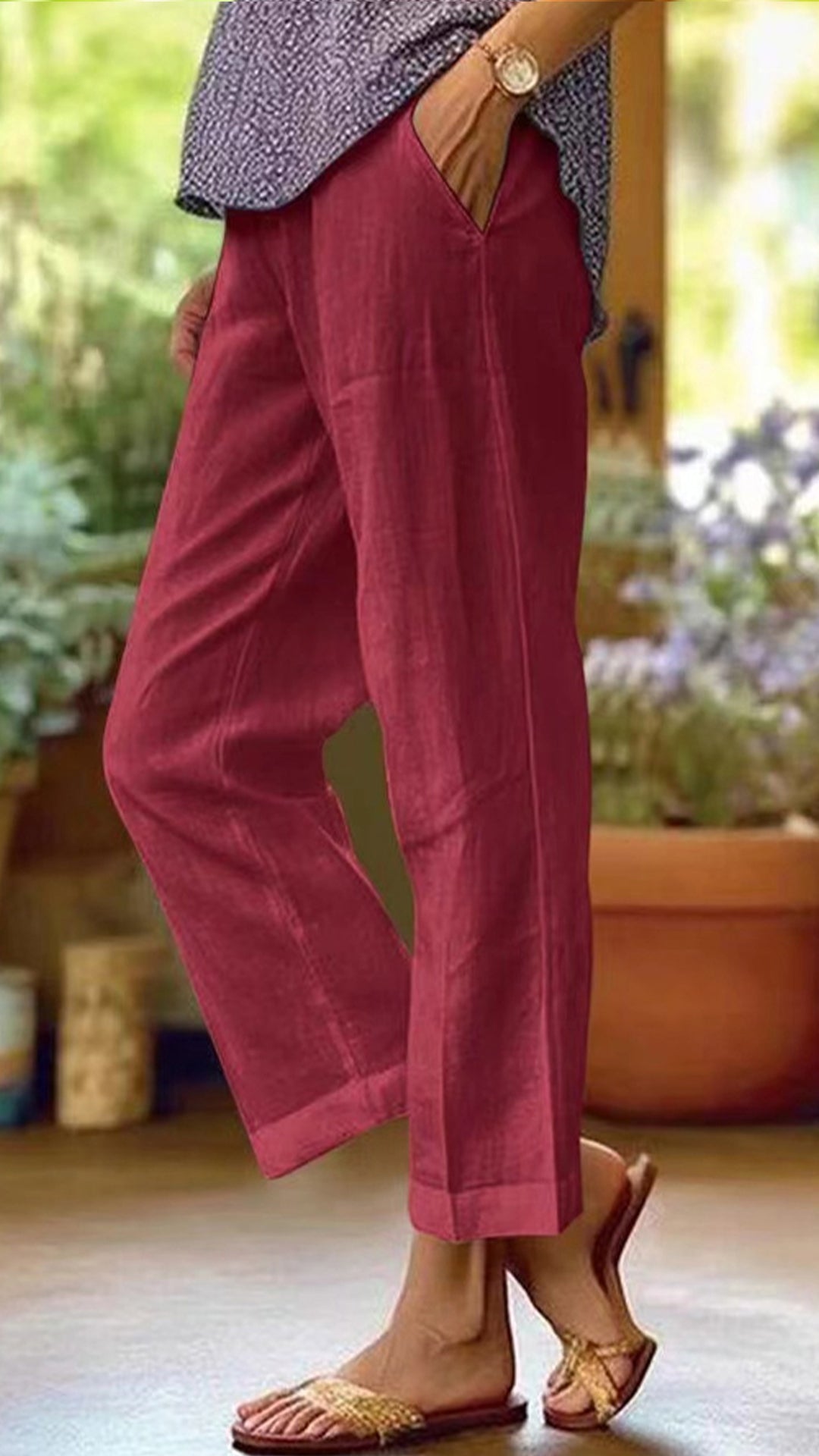 Women’s Cotton-linen Solid Color Elastic Waist Pockets Straight Leg Loose-fit Casual Trousers