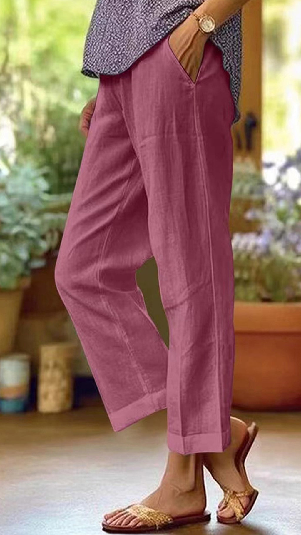 Women’s Cotton-linen Solid Color Elastic Waist Pockets Straight Leg Loose-fit Casual Trousers