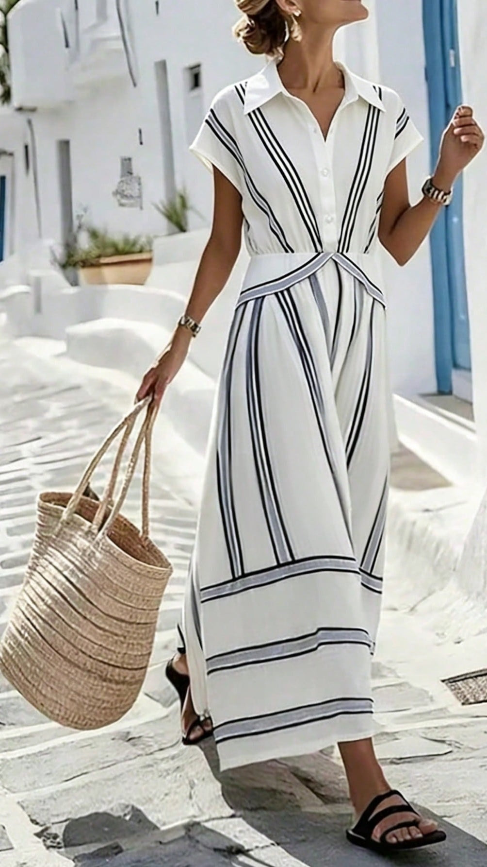 Women’s Lapel-Collar Flared Dress with Front Placket