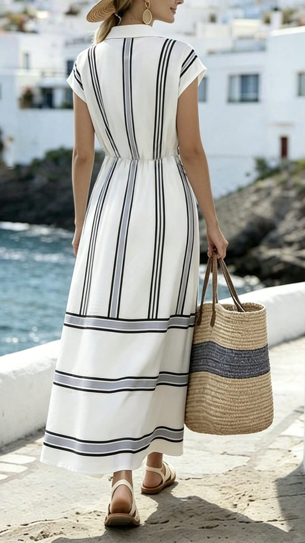 Women’s Lapel-Collar Flared Dress with Front Placket