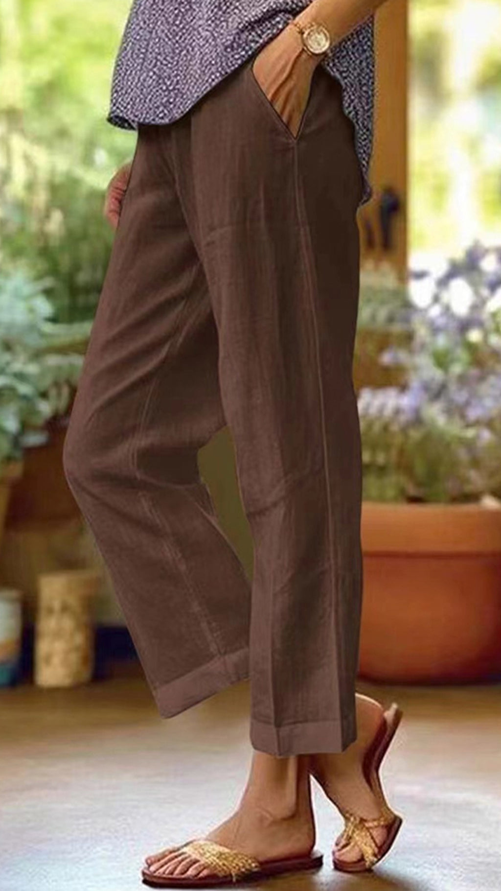 Women’s Cotton-linen Solid Color Elastic Waist Pockets Straight Leg Loose-fit Casual Trousers
