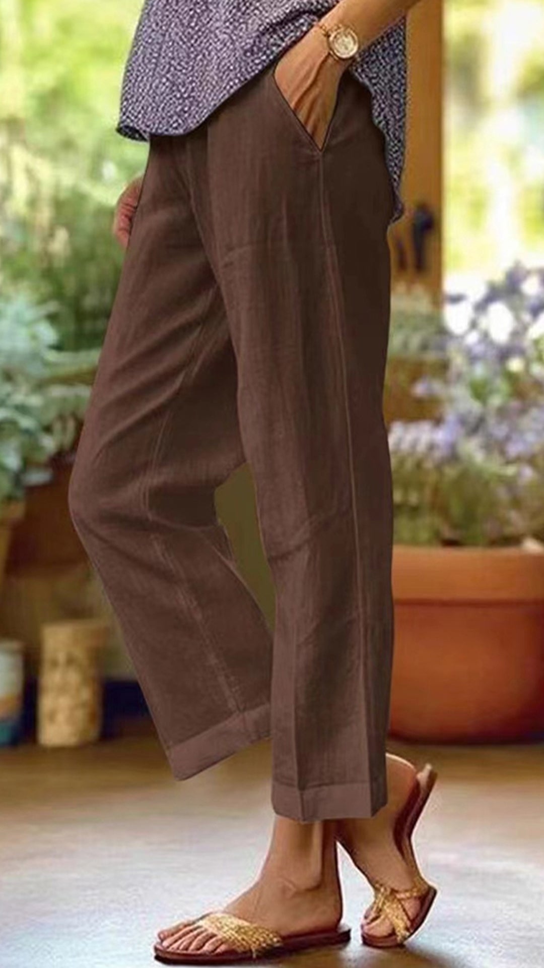 Women’s Cotton-linen Solid Color Elastic Waist Pockets Straight Leg Loose-fit Casual Trousers