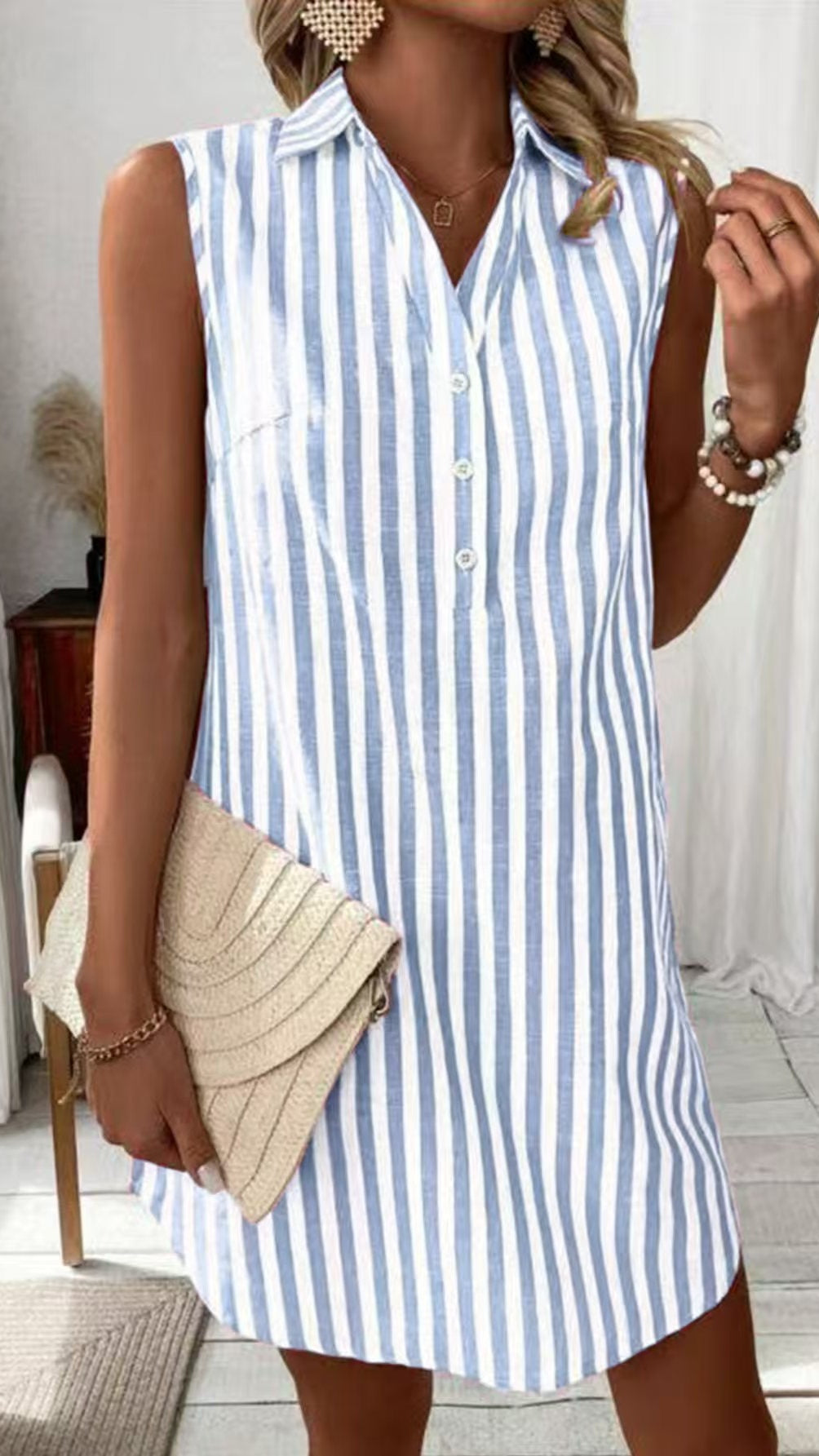 Women’s minimalist sleeveless V-neck button-down striped shirt dress