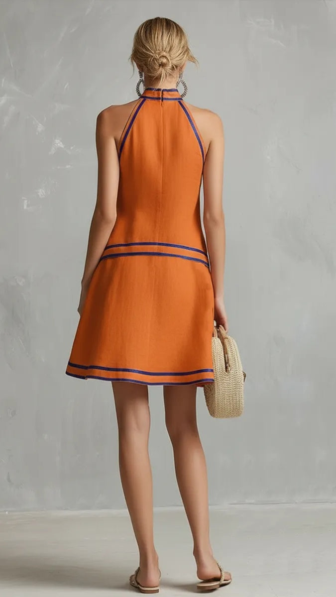 Women’s Elegant Color-Block Piped Cotton-Linen Halter Sleeveless Mini Dress