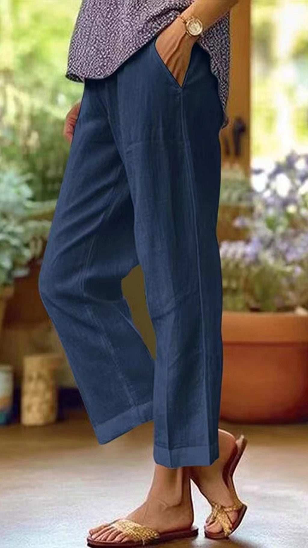 Women’s Cotton-linen Solid Color Elastic Waist Pockets Straight Leg Loose-fit Casual Trousers