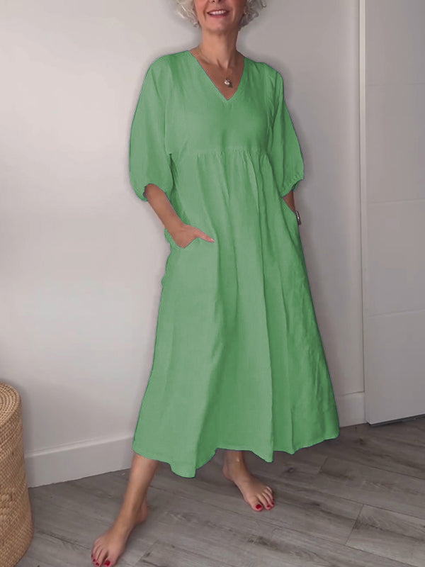 🔥Clearance Sale🔥 Women’s Casual Fashion V-Neck Solid Color Mid-Length Sleeve Dress