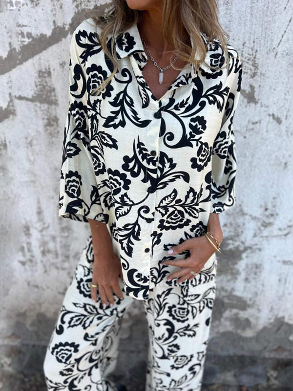 Women’s Fashion Two Piece Printed Lapel Button-Down Shirt and Wide-Leg Pants Set