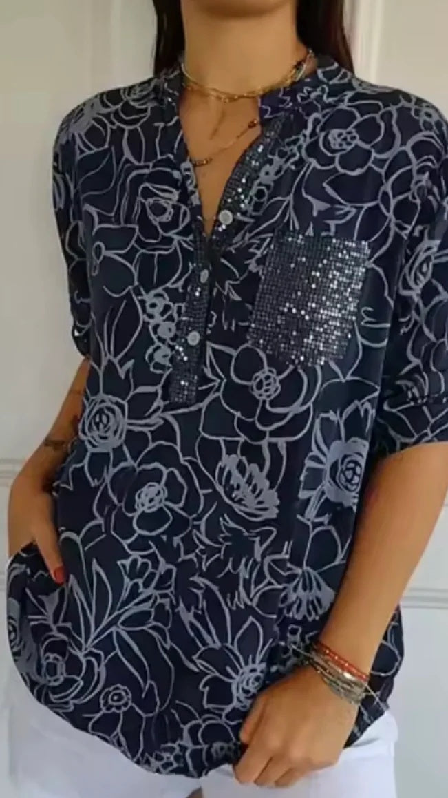 Women’s Casual Printed Shirt with Patch Pockets and Sequins