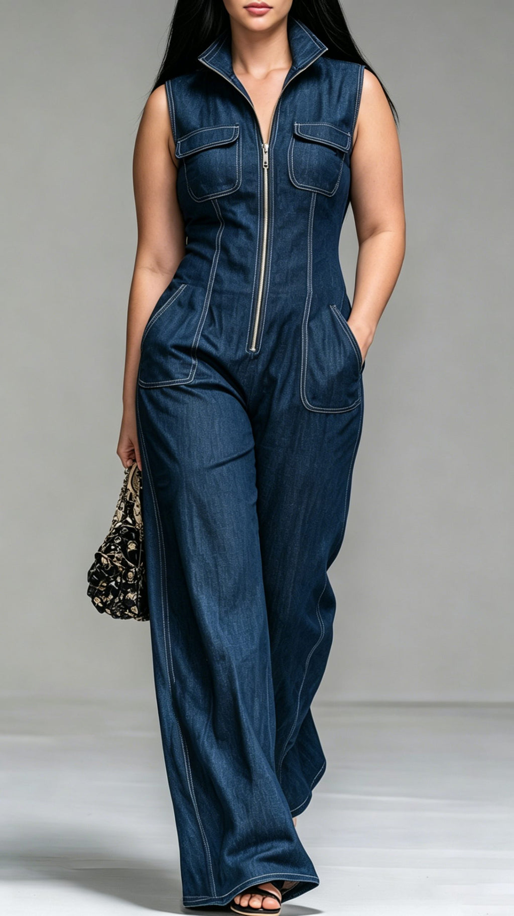 Women’s Faux-Denim Retro Stand-Collar Sleeveless Zip-Front Jumpsuit