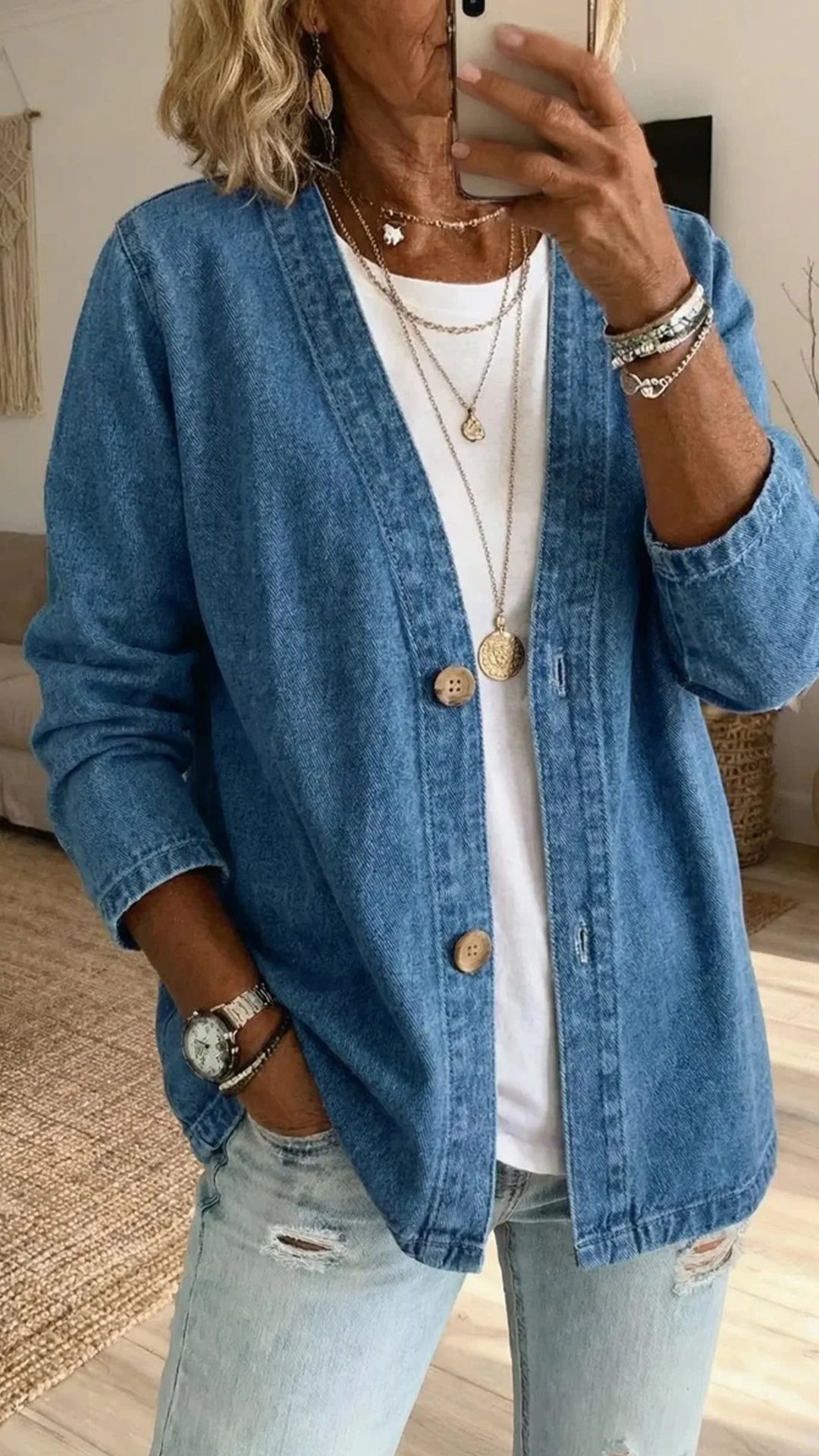 Women’s Polyester Denim-Like V-Neck Cardigan